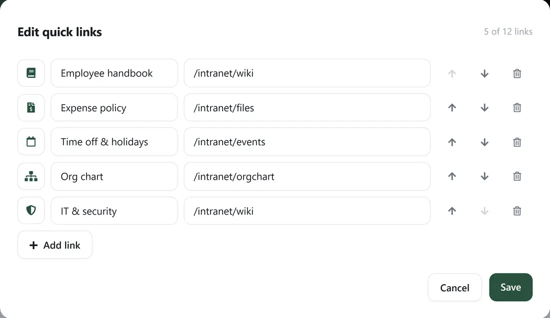 An 'Edit quick links' dialog with rows for Company directory, Employee handbook, Expense template and Give recognition, each with an editable name and destination.