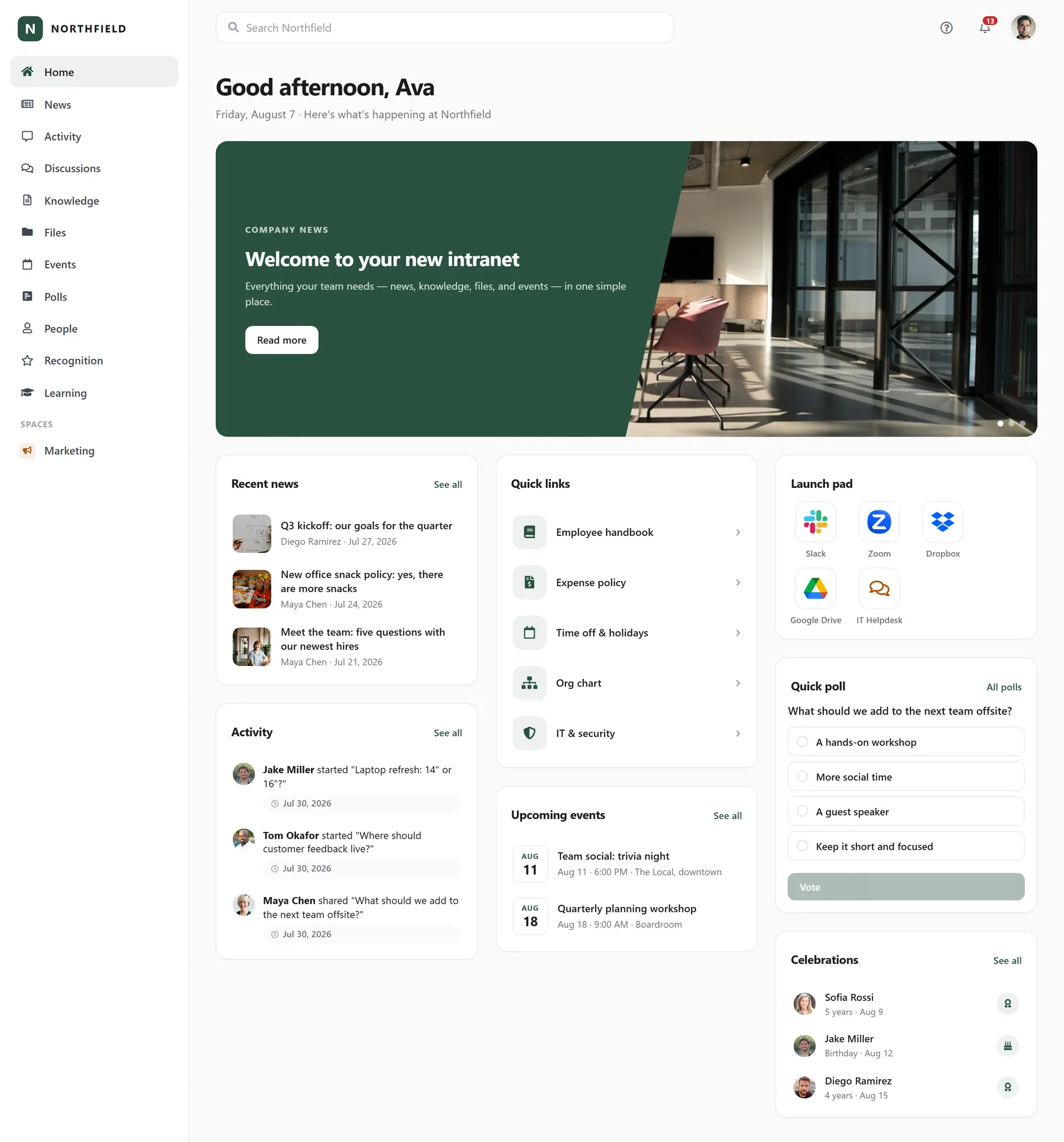 The Axero Go home page for a company called Northfield: a welcome greeting, a featured news story, recent news, quick links, a launch pad of app shortcuts, an activity feed and upcoming events.