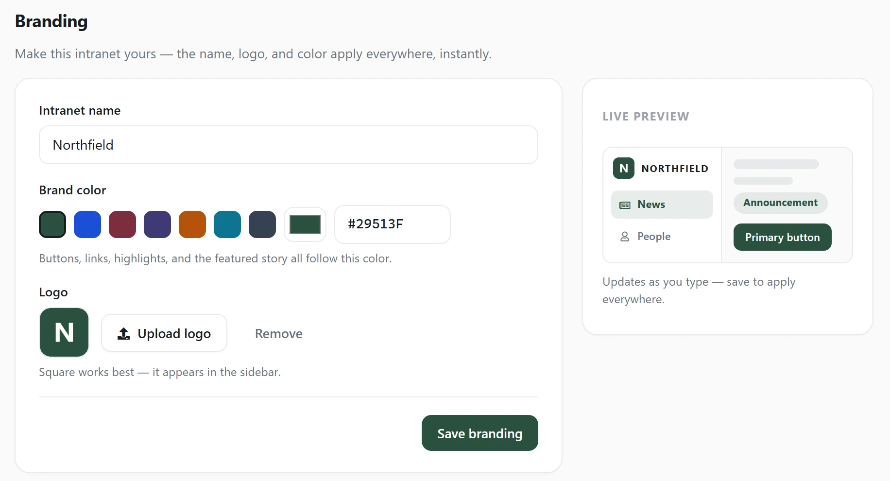 The Axero Go admin branding screen: a form with the company name Northfield, an uploaded green N logo and a color picker, beside a Live preview panel showing the same green N, the Northfield wordmark and the branded page header as they will appear to everyone.