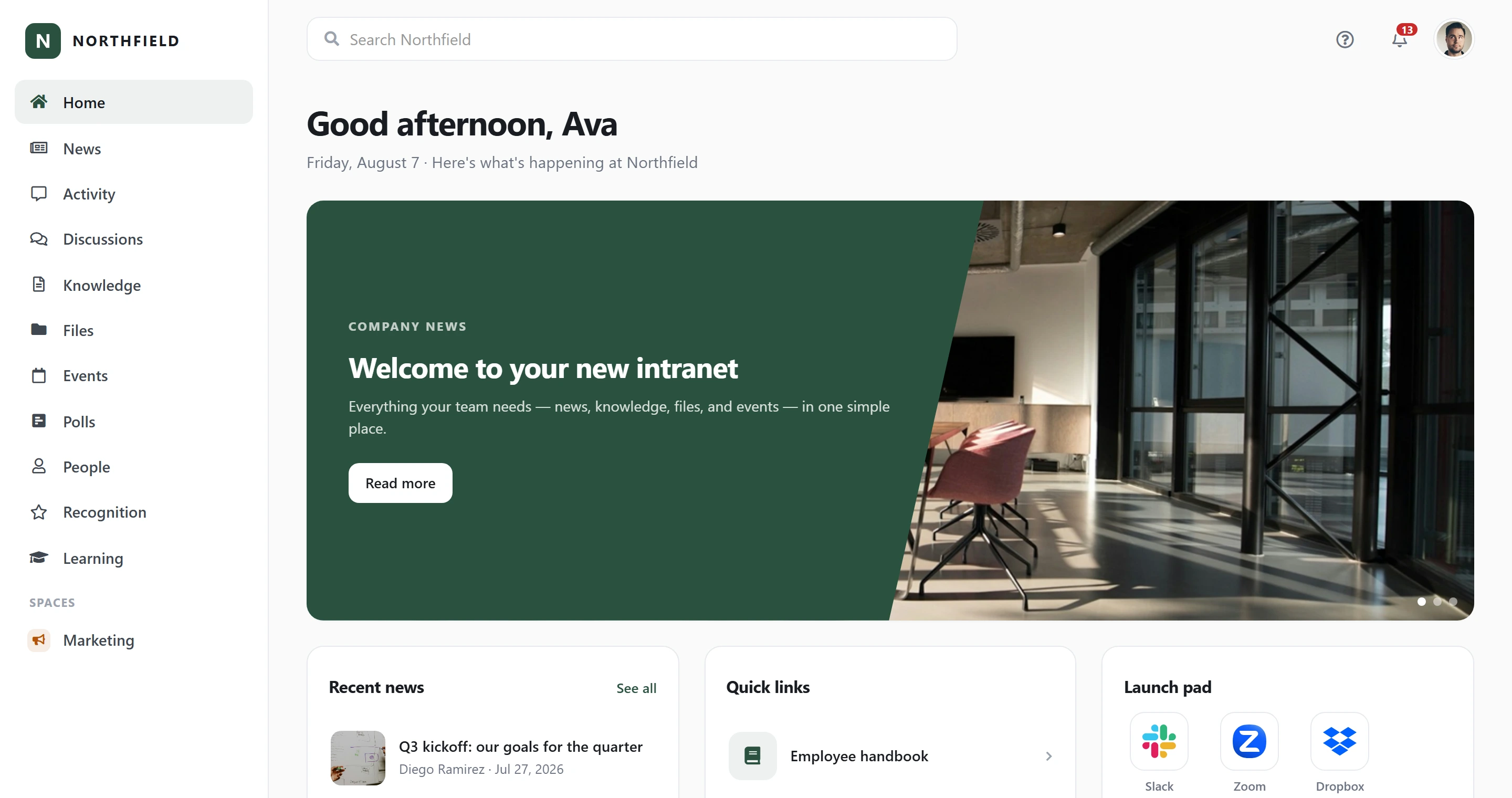The Axero Go home page for a company called Northfield: a good-afternoon greeting, a featured story headed “Welcome to your new intranet”, a recent-news list, a quick-links card and a launch pad of app tiles.