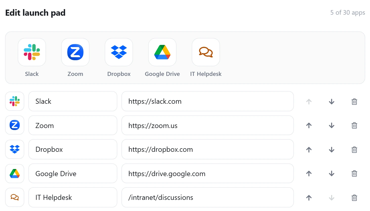 The Edit launch pad dialog in Axero Go: a live preview strip of app tiles carrying the real Slack, Zoom, Dropbox, Google Drive and IT Helpdesk logos with their labels, a “5 of 30 apps” counter, and editable rows for each tile underneath.