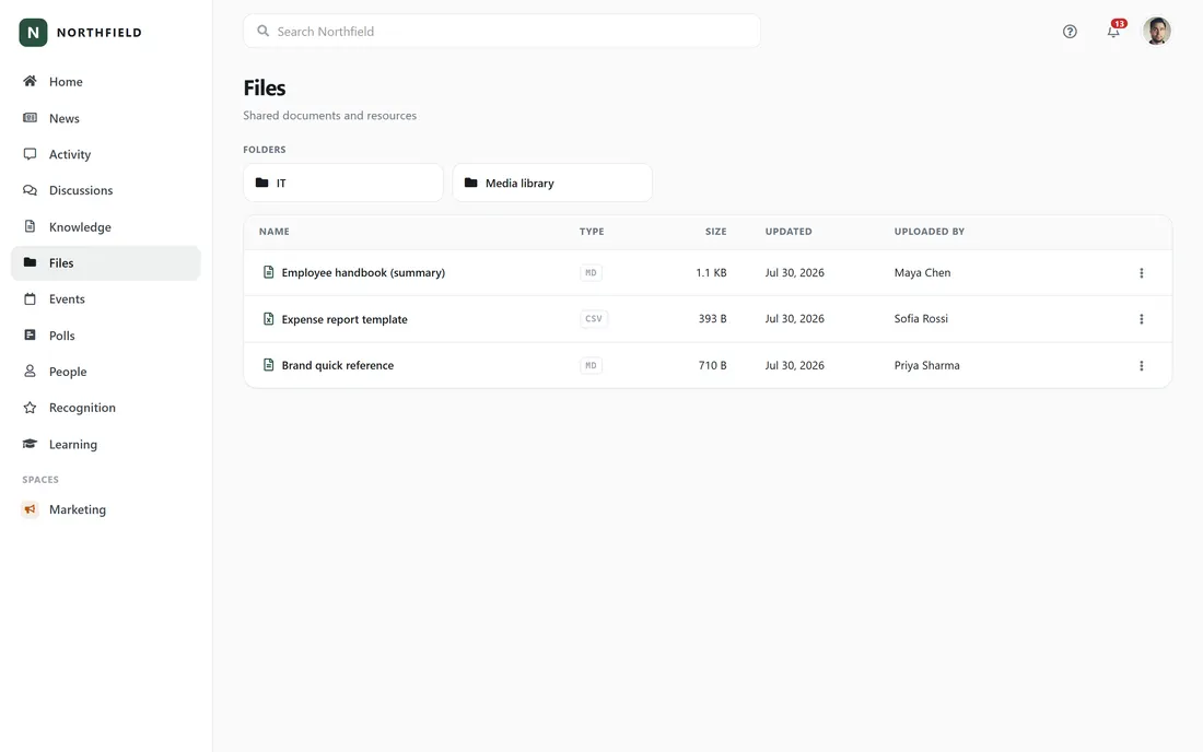 The Axero Go file library listing shared company documents with folders, file types and last-modified dates.