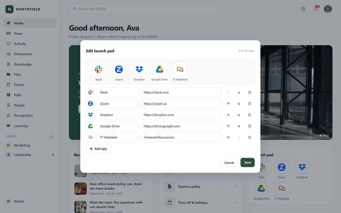 An 'Edit launch pad' dialog showing app shortcuts for Slack, Zoom, Dropbox, Google Drive and an IT helpdesk, each with an editable label and URL.