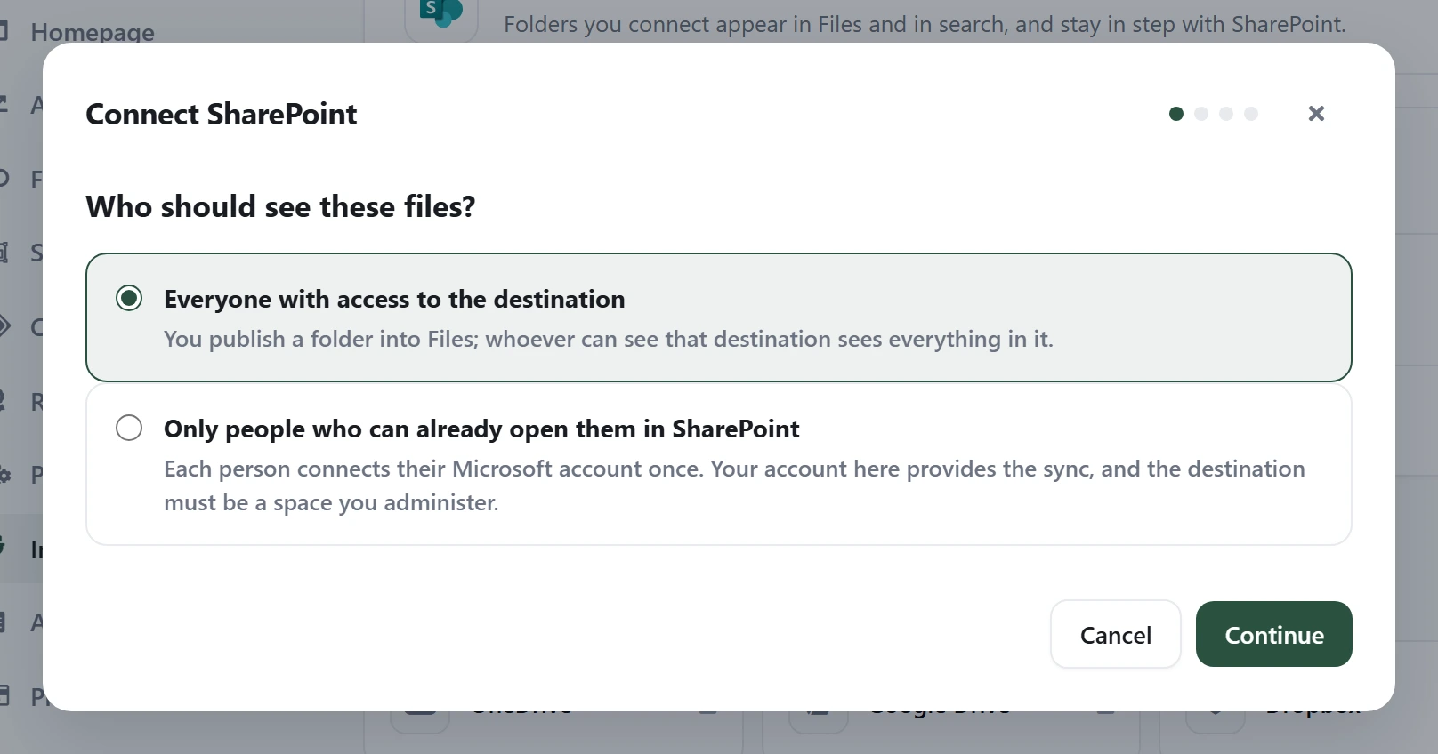 The Connect SharePoint dialog asking “Who should see these files?”, with “Everyone with access to the destination” selected and “Only people who can already open them in SharePoint” as the second option, each with one sentence explaining it.