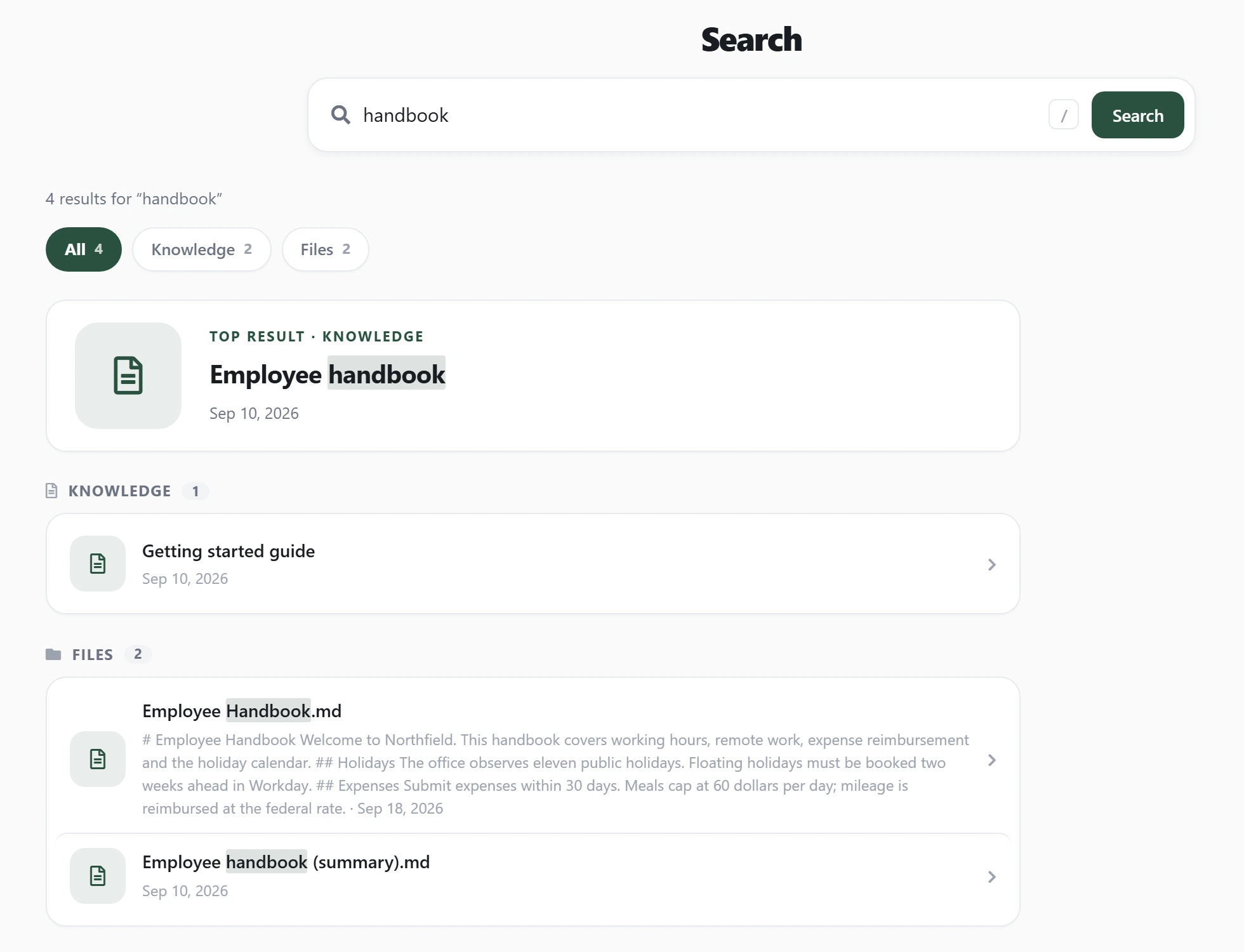 A search for “handbook” in the Northfield intranet returning four results across Knowledge and Files, including the Employee Handbook synced from SharePoint with a snippet of its text, all in one result list.