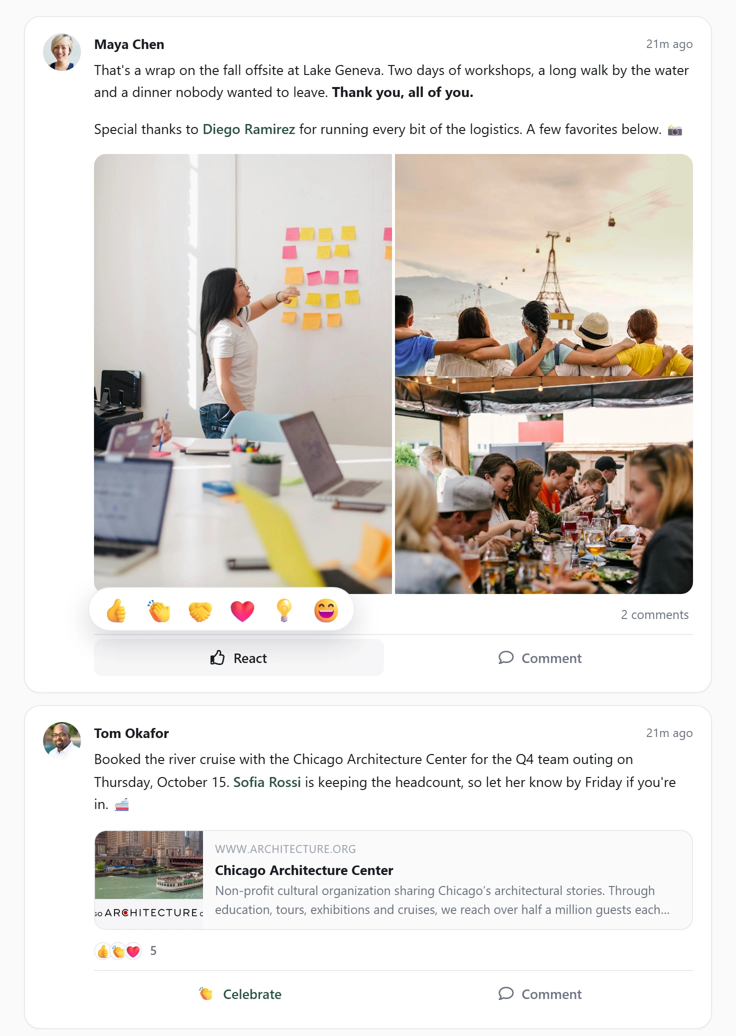 The Axero Go activity stream: Maya Chen’s post about the fall offsite at Lake Geneva, thanking Diego Ramirez by @mention, with three photos in a grid and the reaction picker open showing six reactions, then Tom Okafor’s post booking a Chicago Architecture Center river cruise, mentioning Sofia Rossi, with a link preview card for architecture.org and a summary of five reactions.