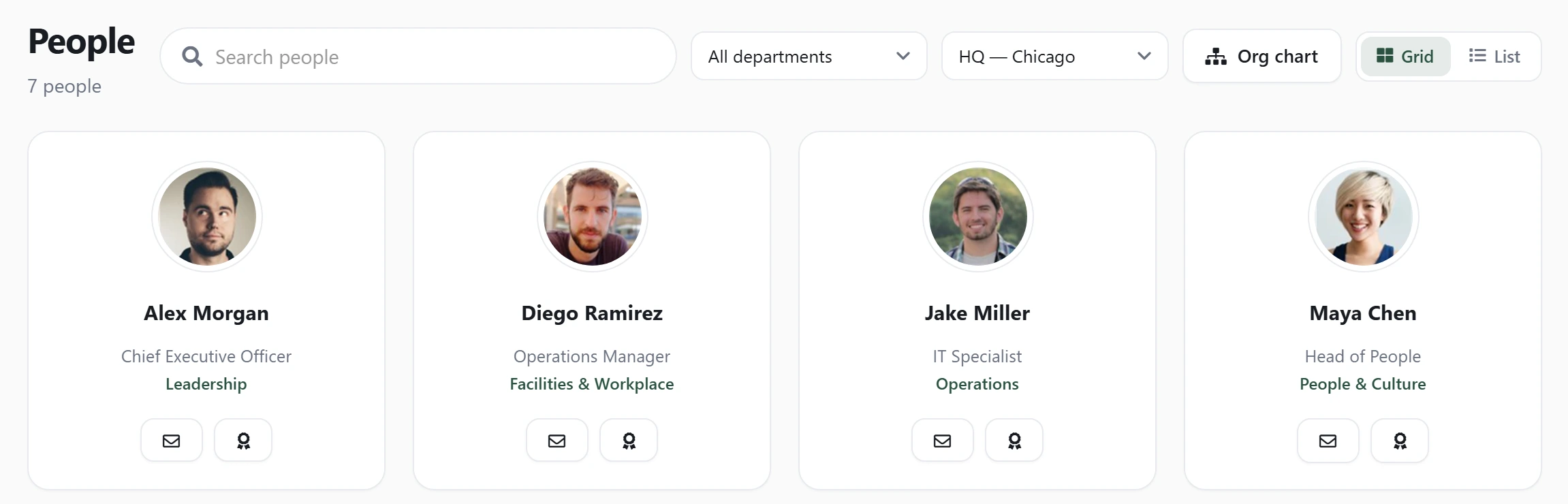 The Axero Go people directory filtered to one office: a search box, an All departments dropdown, an office dropdown reading “HQ — Chicago”, an Org chart button, and four profile cards for Alex Morgan, Diego Ramirez, Jake Miller and Maya Chen, each with a photo, job title, department and buttons to email or recognize them.