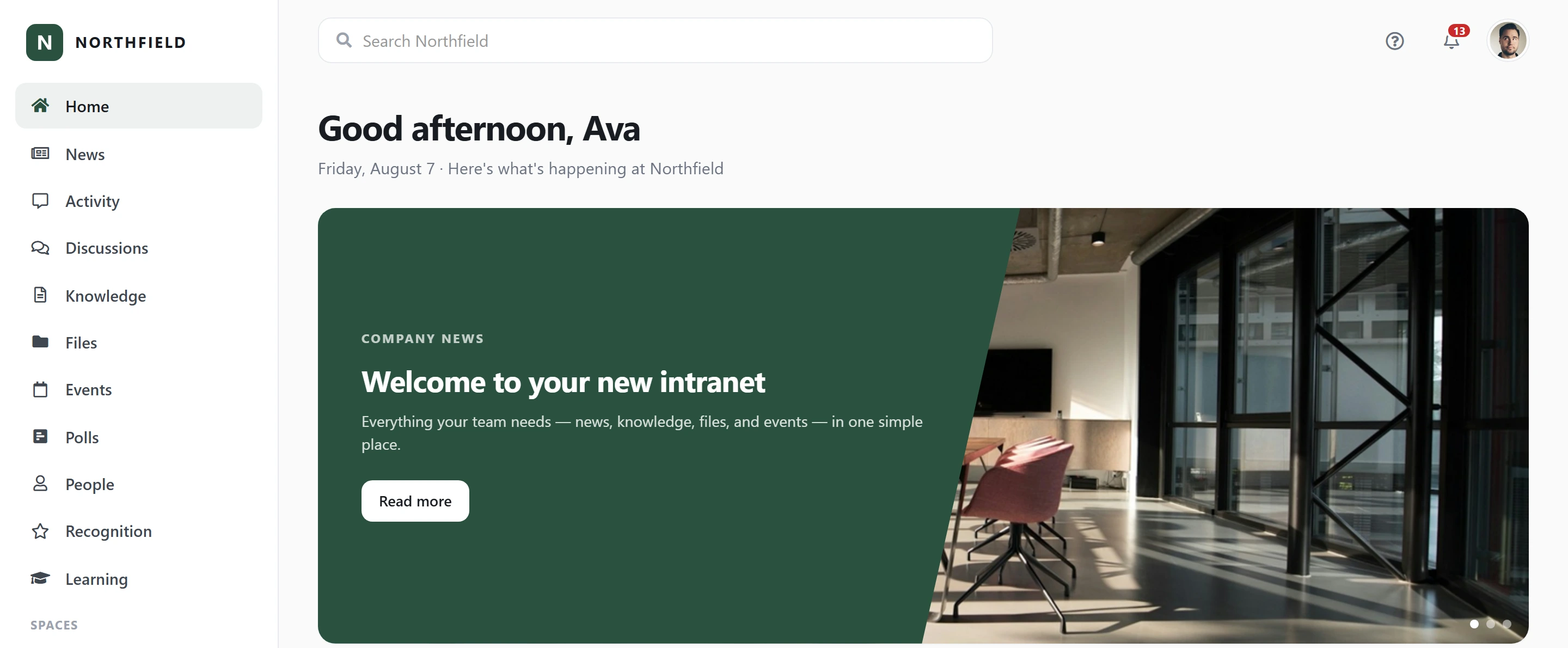 The Axero Go home page for a company called Northfield: a sidebar of sections down the left, a search bar across the top, a “Good afternoon, Ava” greeting with today’s date, and a featured company-news card headed “Welcome to your new intranet” with a Read more button.