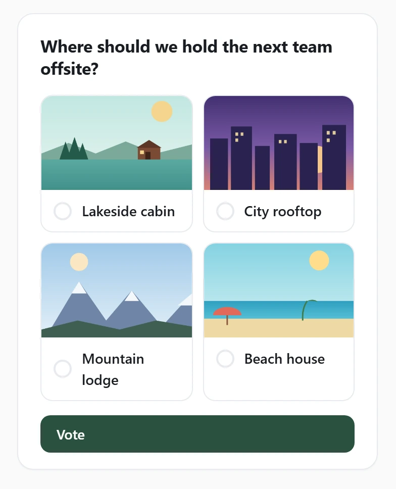 An Axero Go picture poll headed “Where should we hold the next team offsite?”, with four options each carrying its own illustration — Lakeside cabin, City rooftop, Mountain lodge and Beach house — a radio button beside each, and a Vote button.
